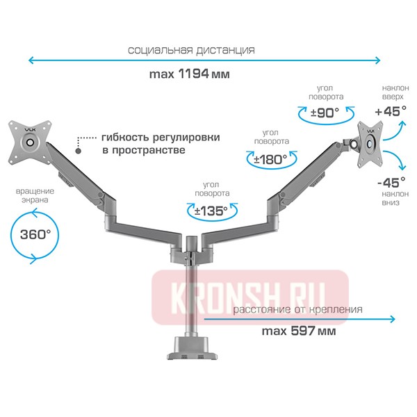Кронштейн для двух мониторов VLK Trento-95